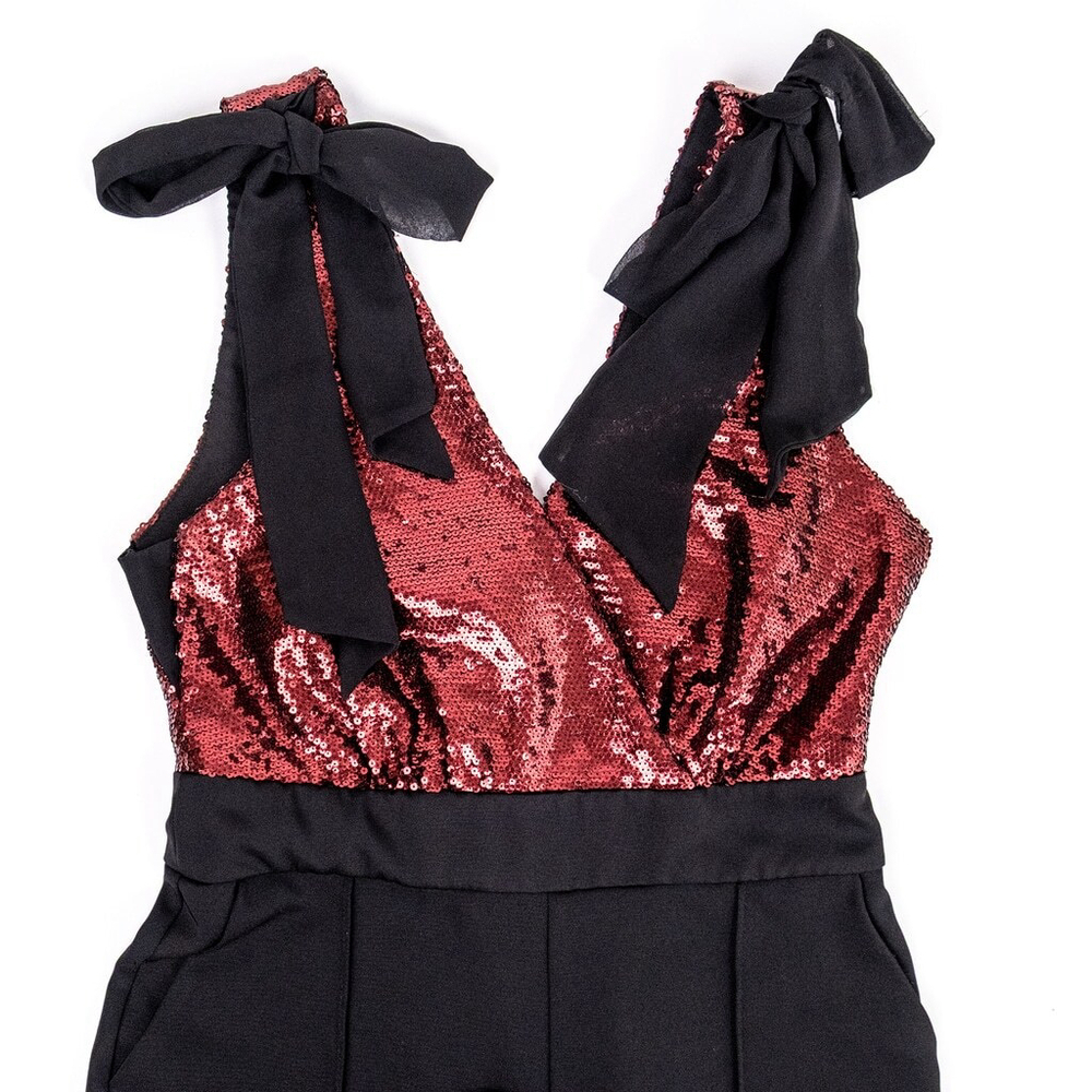 Harlyn Sequin Top Jumpsuit with Bows Women's Black and Red $182 - Size XS - Picture 7 of 14